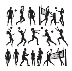 Men women playing summer beach volleyball set icon  silhouette vector