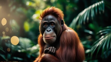 Obraz premium A majestic orangutan, set against a lush, emerald green jungle backdrop, captured in a cinematic keyframe, exuding a sense of intimacy and drama, thanks to a shallow depth of field and subtle vignette