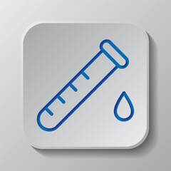 Test tube and drop simple icon vector. Flat design. Paper cut design. Cutted blue symbol with shadow. Gray badge button, gray background
