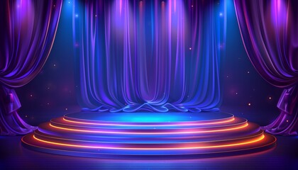 Futuristic Glowing Stage with Purple Curtains and Bright Lights