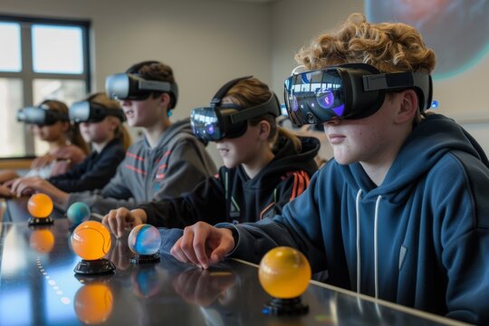 Students using augmented reality (AR) devices to explore interactive 3D models of the solar system in a science class - Powered by Adobe
