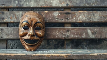 Wooden mask with smiling expression lies on worn bench