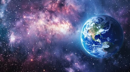 Earth in space, panoramic view with stars and galaxy, space fantasy