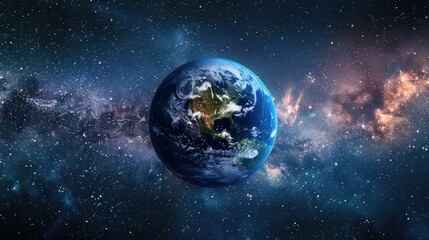 Earth in space, panoramic view with stars and galaxy backdrop