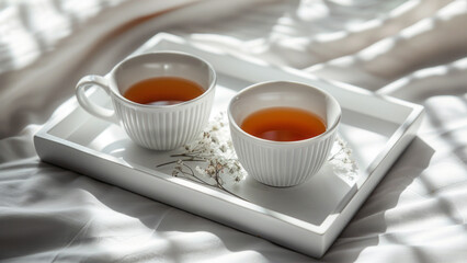  Two White Tea Cups on a Tray with a Cozy Blanket