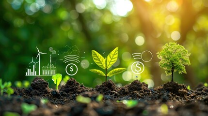 Green energy concept: trees growing on coins, growth chart with renewable energy icons, Earth included