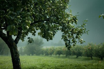 A green apple tree laden with fruit stands tall amidst raindrops in a peaceful orchard, capturing the essence of nature's resilience and the lushness of rural landscapes