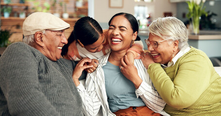 Happy family, hug and laugh on sofa for reunion, trust or support at home on weekend. Grandparents,...
