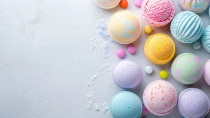 Colorful bath bombs arranged on textured surface