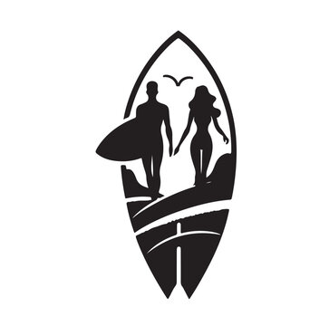 recommend clip art: surfer silhouette, surfing board with man and woman vector illustration 