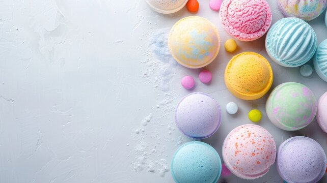 Colorful bath bombs arranged on textured surface