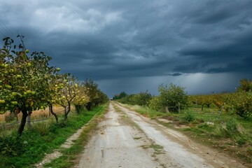 A country road winds through an orchard laden with apples, set beneath a darkening sky filled with storm clouds, creating a scene of rustic beauty and brewing weather