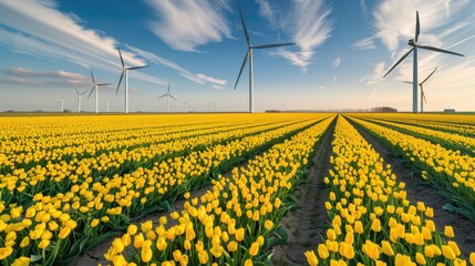 Vibrant yellow tulip fields with towering windmill turbines in the Netherlands, Europe