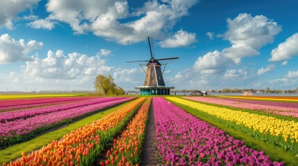 Windmill park surrounded by blooming tulip fields in the Netherlands, spring scenery