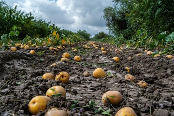 Obraz premium Freshly harvested potatoes are scattered across a muddy field, emphasizing the fertile soil and the rustic beauty of agricultural toil and nature's harvest