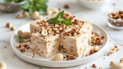 Delicious peanut halva dessert on white backdrop