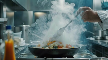 Chef Cooking Vegetables in a Restaurant Kitchen