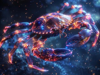 A glowing, otherworldly crab with fiery accents against a starry backdrop.