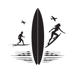surfer silhouette, surfing board with man and woman vector illustration 