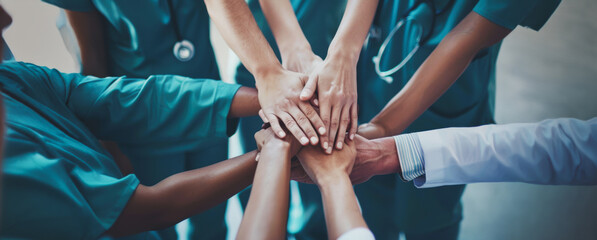 Medical professionals placing hands together in unity