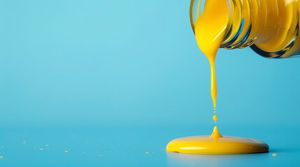 Nail polish on blue background. yellow nail polish pouring out of a bottle. Space for text