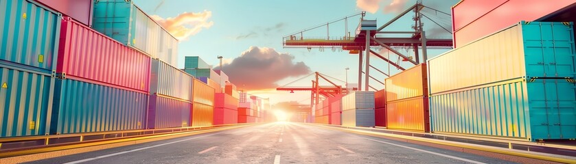 Sunset view of vibrant shipping containers at a port with large cranes, illustrating global trade and logistics.