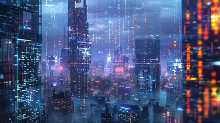 futuristic cityscape with a holographic overlay displaying a vast amount of data