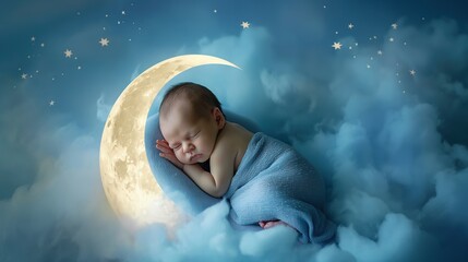 A newborn baby peacefully sleeping in a crescent moon-shaped nest, surrounded by soft clouds and twinkling stars.