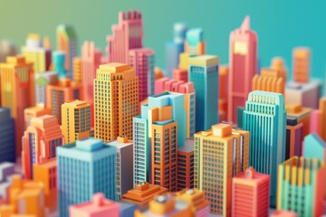 A colorful cityscape with a skyscraper