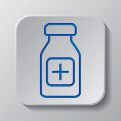 Vial bottle, vaccine simple icon vector. Flat design. Paper cut design. Cutted blue symbol with shadow. Gray badge button, gray background