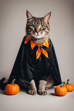 Cute cat in black halloween costume with pumpkins on gray background