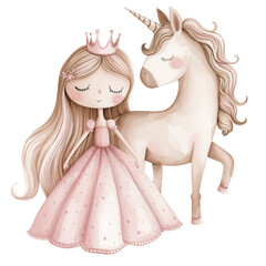 Cute Princess with the unicorn on a transparent background. Watercolor illustration. Fairytale magic clip art
