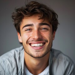Fototapeta premium Smiling Young Man Representing Abstract Confidence Concept. Sunny Personal Life Portrait as Popular Background or Wallpaper. High-Resolution, AI-Generated