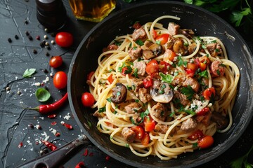 Close-up of a pan full of Italian pasta with mushrooms, spicy herbs and fresh vegetables, top view, perfect for a recipe website or cooking school website, copy space, place for text