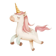 Cute unicorn with stars isolated on a white transparent background. Watercolor illustration. Fairytale magic clip art.