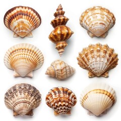 Obraz premium Seashell Collection - Assorted Seashells on White Background for Marine Concept or Beach Souvenirs Display.