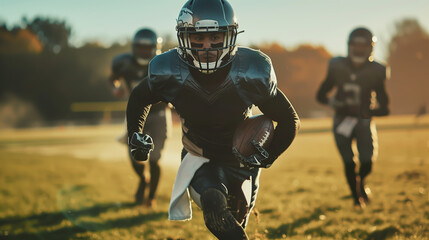A football player runs with the ball, chased by opponents across the field.