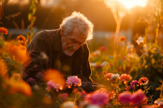 Homme &acirc;g&eacute; qui jardine - homme dans son jardin