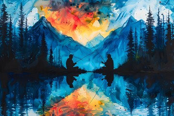 Fototapeta premium Abstract Mountain Landscape Fishing at Sunset - Watercolor Art for Wall Decor, Poster, Card Design