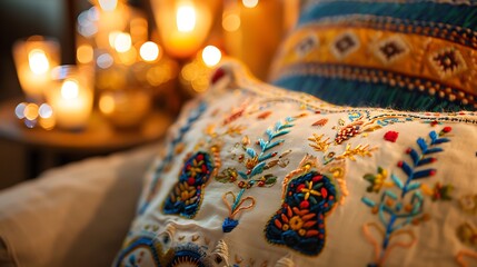 A a decorative Hanukkah pillow holiday-themed embroidery.