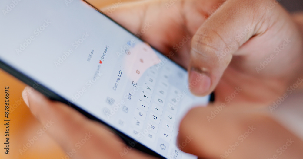 Poster phone, screen and hands typing for communication with text message for networking online. cellphone,