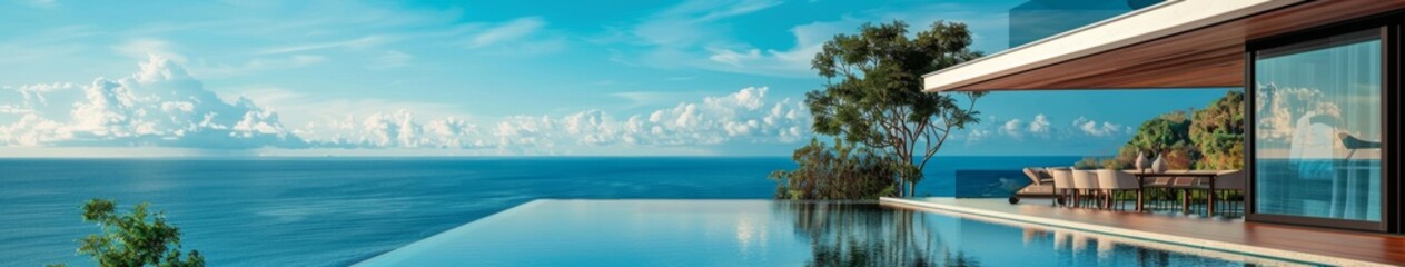Fototapeta premium abstract background,Exquisite Living Room Design Blending Modern Furniture with Stunning Seaside View. Beachfront Vacation Villa with Infinity Pool Overlooking the Ocean, Creating an Abstract Luxury V