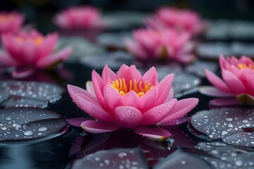 Tranquil Water Lilies in Bloom with Dew Drops Perfect for Nature Posters, Prints, and Cards