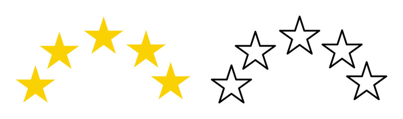 Quality rating symbols. A set of five-pointed yellow stars with a shadow arranged in an arc. Isolated on transparent background. Product quality assessment icons. Vector illustration.