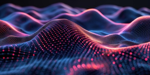 Abstract digital waves with glowing dots in purple and blue hues, representing technology, data visualization, and futuristic concepts.