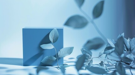 Monochromatic leaves and box in a minimalist art style, featuring shades of blue and simple, elegant composition.