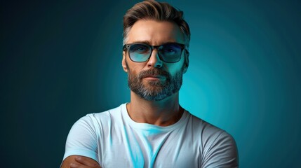 Obraz premium Portrait of a Man with a Beard and Sunglasses Against a Blue Background