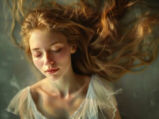 Fototapeta premium ethereal portrait of woman with flowing luminous hair soft focus and dreamy lighting create otherworldly enchanting atmosphere