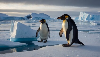 Fototapeta premium A joyful penguin couple sharing a heartwarming moment together, perhaps waddling hand in hand or exchanging affectionate gestures, surrounded by a backdrop of icy landscapes or vibrant polar .