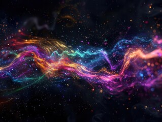 ethereal streams of multicolored light flowing through dark space bioluminescent tendrils intertwine creating a mesmerizing display of energy and motion particles shimmer like stardust